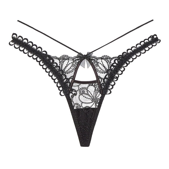 For Love And Lemons Swirly Floral Embroidered Thong Panty Black Large NEW - Picture 4 of 4